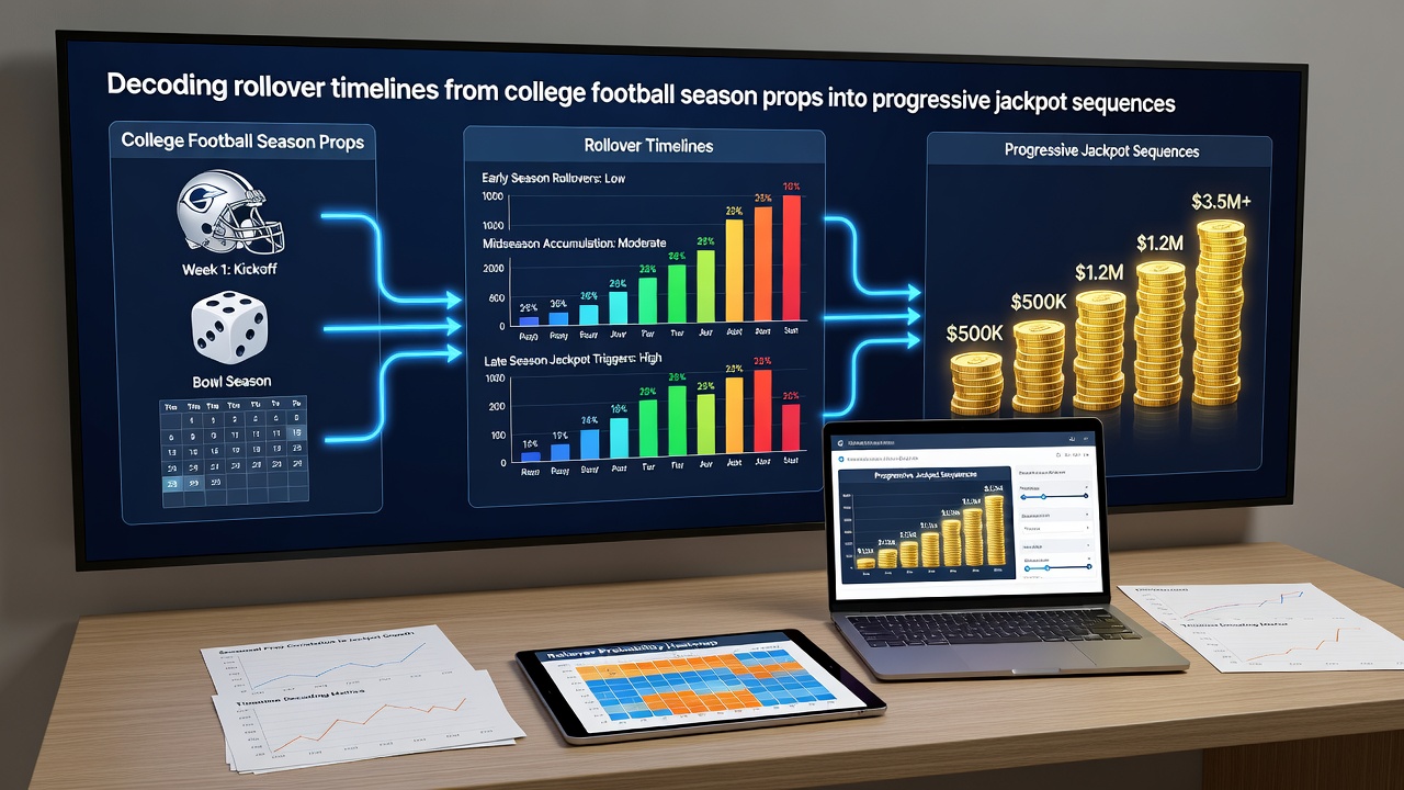 Digital interface displaying progressive jackpot counters connected to college football prop rollover indicators with timeline graphics for spring months