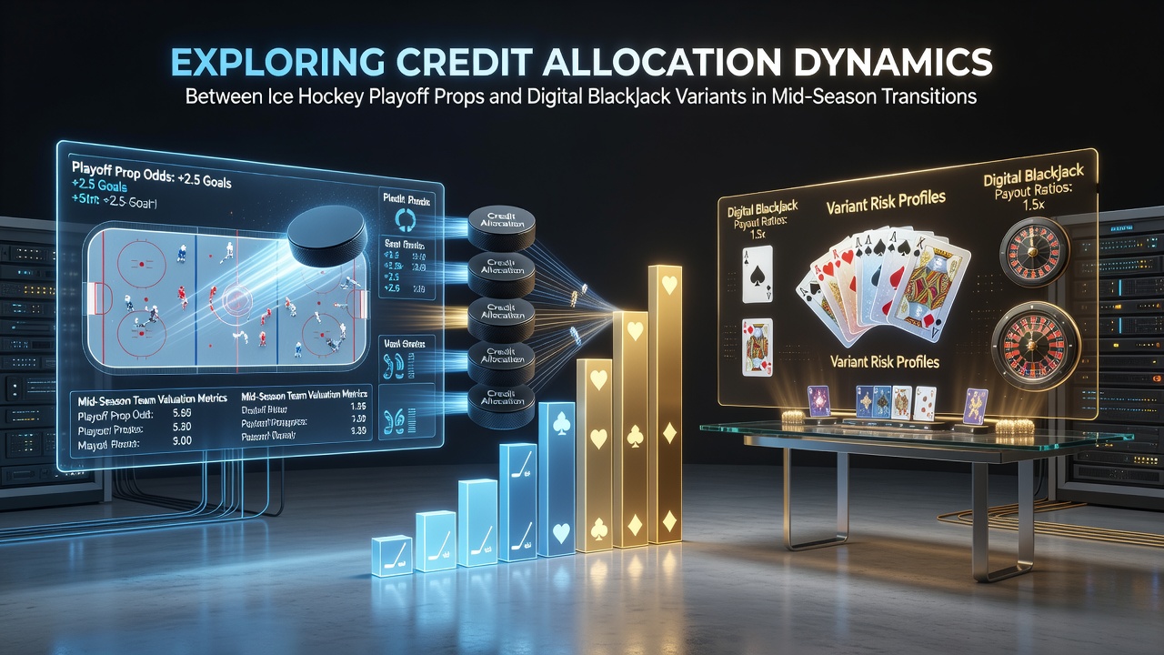 NHL playoff action with digital blackjack interface elements representing credit allocation flows