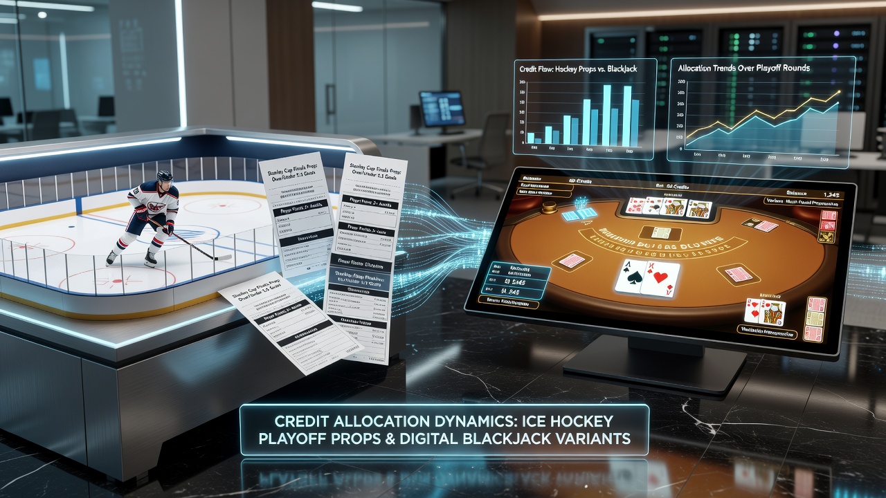 Digital blackjack table with overlaid hockey playoff prop icons illustrating credit flow pathways