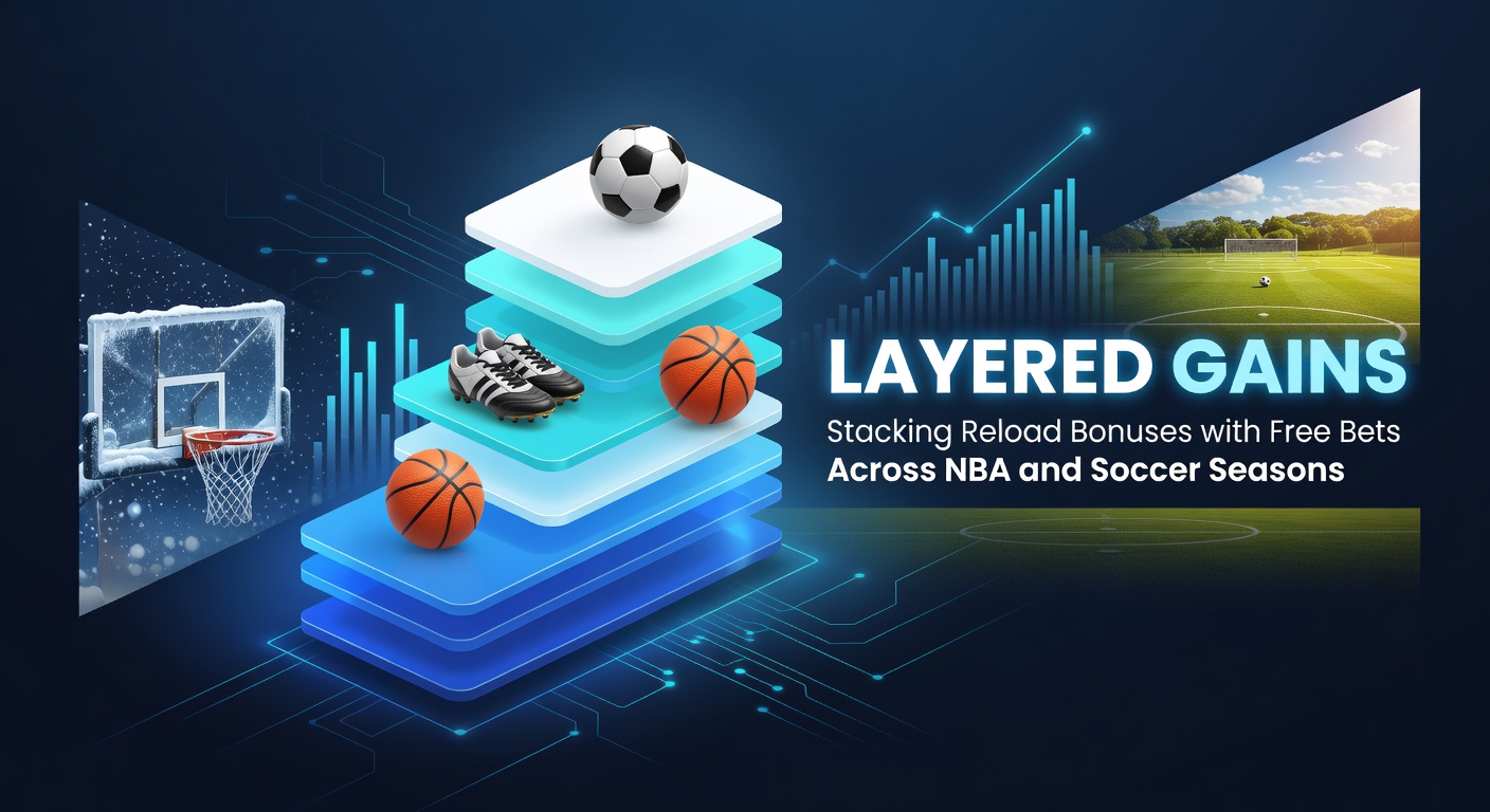 Graphic illustrating layered betting bonuses stacked on NBA basketball court and soccer field, showing reload icons and free bet multipliers