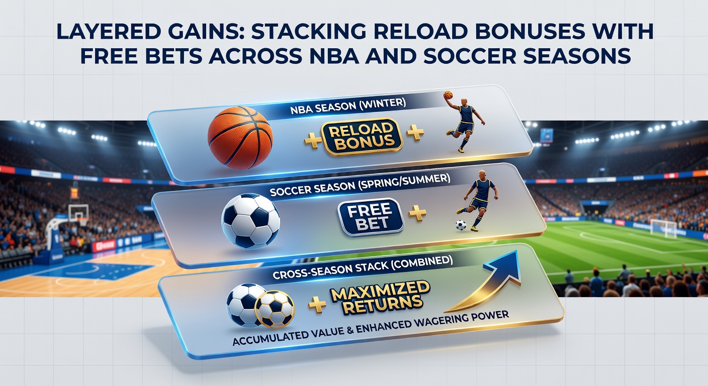 Infographic of bonus stacking timeline across NBA playoffs and soccer league fixtures, with reload and free bet icons layered on calendars