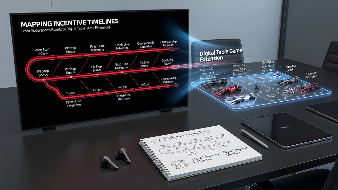 Digital interface showing timeline synchronization between motorsport schedule and table game credits