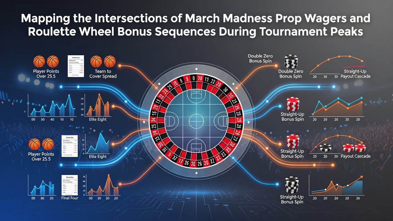 Diagram showing connections between March Madness prop bets and roulette bonus sequences at tournament peaks