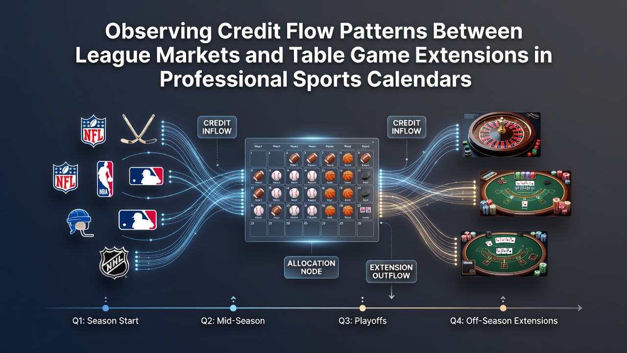 Visual representation of credit flows between sports league betting markets and casino table game extensions during professional sports seasons
