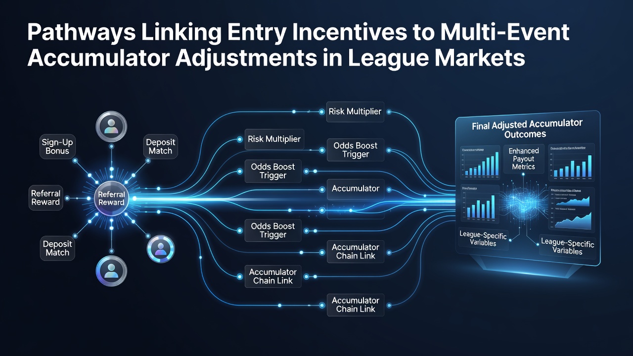Diagram showing entry incentives flowing into accumulator adjustments across league betting platforms