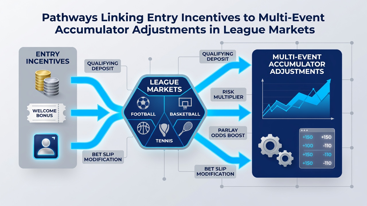 Flowchart illustrating credit allocation and accumulator enhancement pathways in sports betting systems
