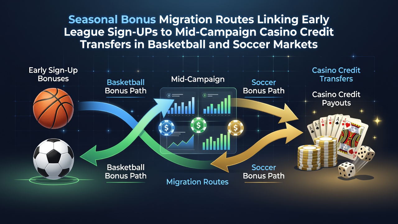 Flowchart illustrating seasonal bonus migration from early sports sign-ups to mid-season casino credits in basketball and soccer betting